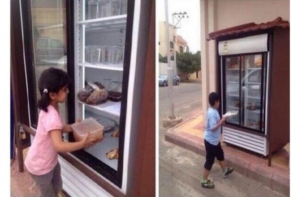 Saudi citizen places refrigerator in front of house for food leftovers for the needy