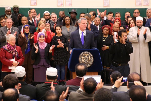 New York Mayor Bill de Blasio, has become known for upholding American values of inclusion and equality and is admired and supported by many Muslim constituents.