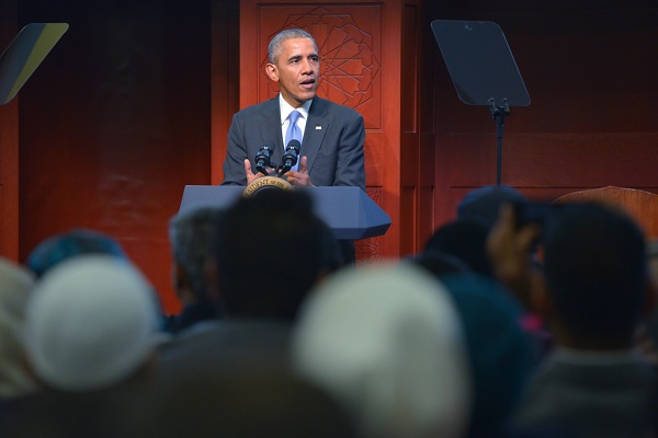 US President Barack Obama speaks at the Islamic Society of Baltimore, in Windsor Mill, Maryland on February 3, 2016. / AFP / MANDEL NGAN        (Photo credit should read MANDEL NGAN/AFP/Getty Images)