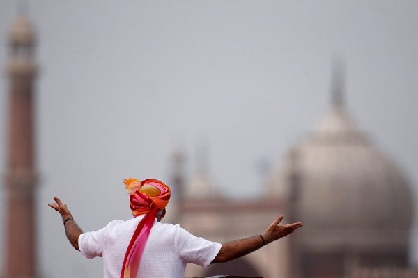 Indian Prime Minister Narendra Modi gestures as he addresses the nation from the historic Red Fort during Independence Day celebrations in Delhi, India, August 15, 2016. REUTERS/Adnan Abidi/File Photo
