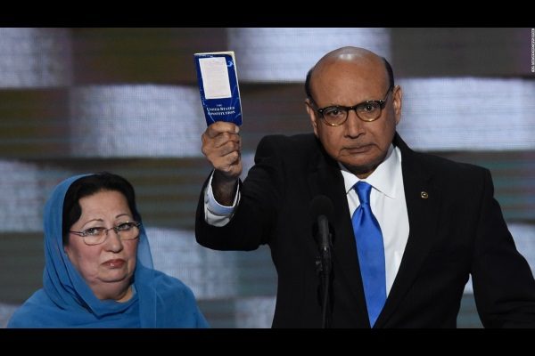 Khizr Khan, father of fallen US Army Capt. Humayun S. M. Khan and his wife Ghazala speak during the final day of the Democratic National Convention in Philadelphia.