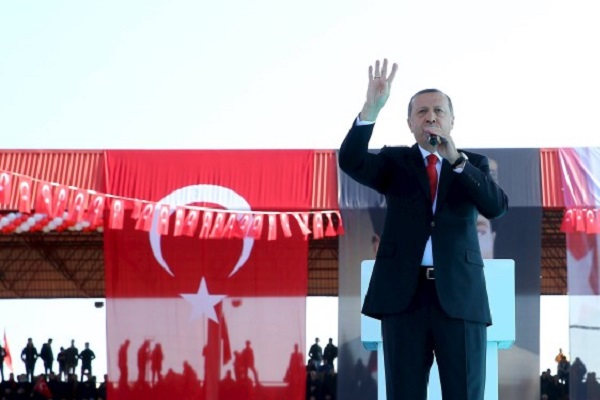 Turkish President Tayyip Erdogan makes his speech during a ceremony to mark the 101st anniversary of Battle of Canakkale, as part of the WWI Gallipoli campaign, in Canakkale, Turkey March 18, 2016, in this handout photo provided by the Presidential Palace. REUTERS/Kayhan Ozer/Presidential Palace/Handout via Reuters